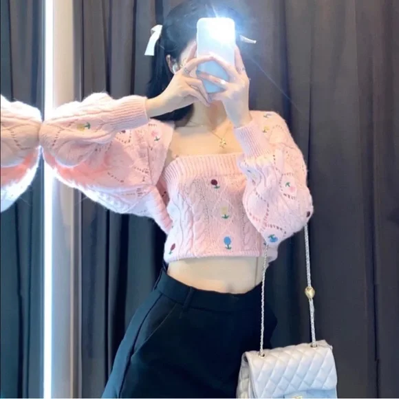 NWT ZARA PINK POINTELLE KNIT CROPPED CARDIGN - Picture 3 of 5